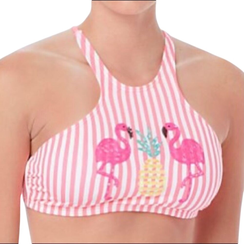 Coco‎ Rave Tropi Glow Pink Striped Flamingo Halter Bikini Top Size XL 38D